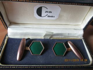 Art Deco 1930’s Vintage Geometric Green Celluloid Gilt Cufflinks
