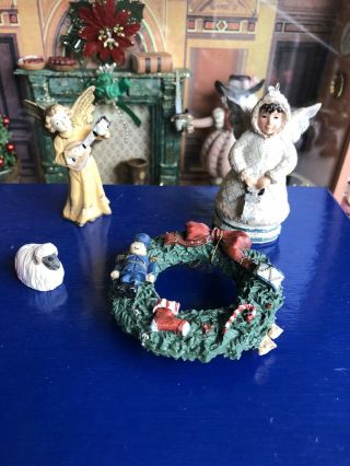 Vintage Dolls House Nursery Christmas Angels,  Wreath And Lamb.
