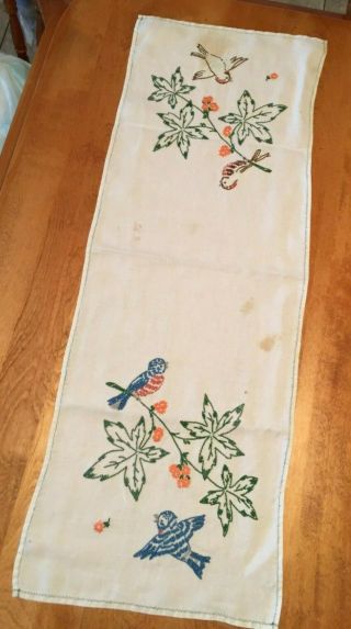 Table Runner/dresser Scarf - Vintage Linen,  Hand Embroidered,  Home Made,  12 X 34 ".