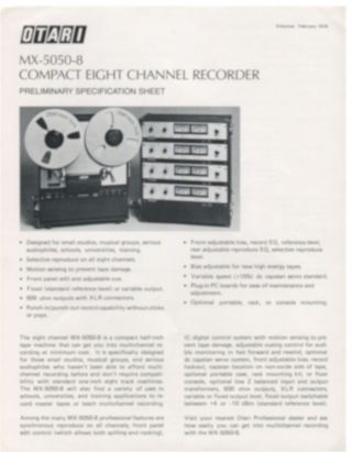 Otari Mx - 5050 - 8 Pro Recorder Spec Sheet Brochure 1976