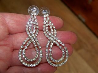 Vintage Jewellery Silver Art Deco Clear Rhinestone Long Dangle Drop Earrings