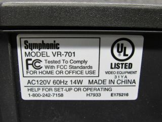 Symphonic VR - 701 4 Head Hi - Fi VCR Video Cassette Recorder VHS Tape Player 3