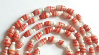 Czech Vintage Art Deco Long White/red Stripes Glass Bead Necklace