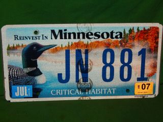 2007 Minnesota Loon Critical Habitat License Plate Tag Jn 881,  Street