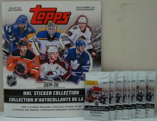 2019 - 20 Topps Nhl Stickers With Album 10 Packs With 5 Stickers Per Pack