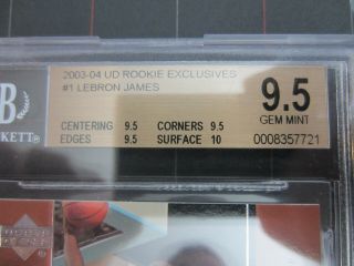 2003 Upper Deck Exclusives LeBron James ROOKIE RC 1 BGS 9.  5 GEM 1x10 3x9.  5 2