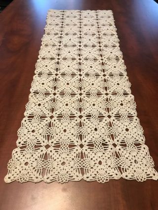Vintage Crocheted Linen Doily Table Runner Ivory 32” X 12” Wedding Decor