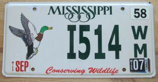 Mississippi 2007 Mallard Duck Conserving Wildlife License Plate 1514