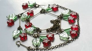Czech Red Flower Glass Bead Necklace Vintage Deco Style