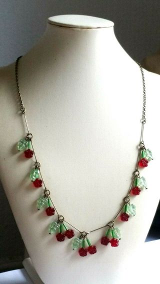 Czech Red Flower Glass Bead Necklace Vintage Deco Style 2