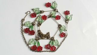 Czech Red Flower Glass Bead Necklace Vintage Deco Style 3