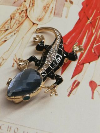 Ad67 Art Deco Vintage Gold Plated Black Enamel Rhinestone Crystal Lizard Brooch
