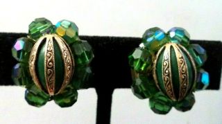 Stunning Vintage Estate High End Ab Green Crystal Flower 7/8 Clip Earrings G910r