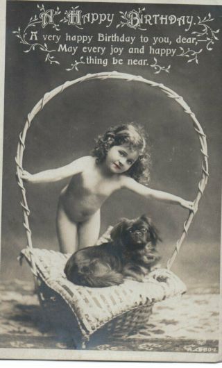 Vintage Birthday Greeting Postcard: Little Girl With Pekinese Dog