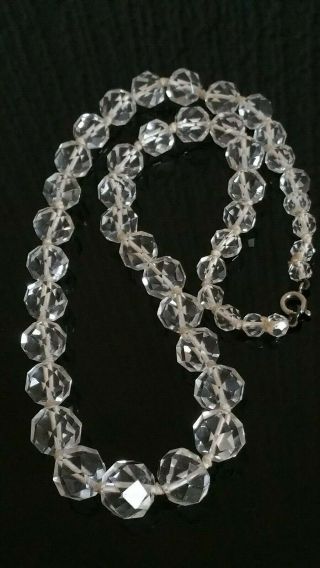 Czech Vintage Art Deco Clear Hand Knotted Facet Cut Glass Bead Necklace