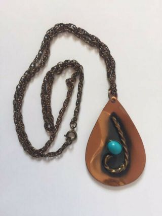 Vtg Copper Pendant Teardrop Shape W/ Blue Cab 24 " Copper Chain Necklace 1950s