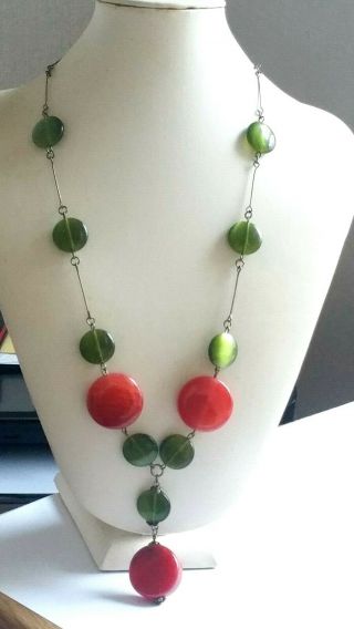 Czech Melon And Olive Green Glass Bead Tassel Necklace Vintage Deco Style