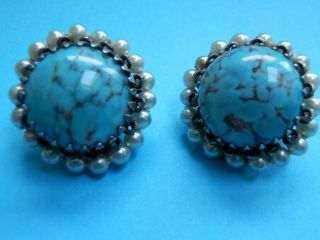 A Lovely Vintage Silver Turquoise & Pearl Clip On Earrings.