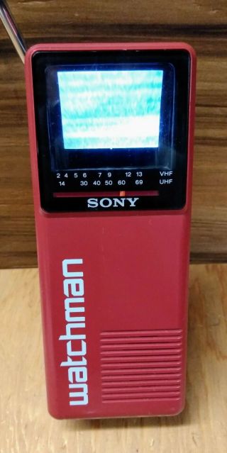 Vintage Sony Watchman (red) Fd - 10a Uhf/vhf Black & White Tv