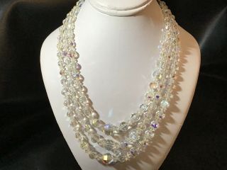 Vintage Crystal Necklace Triple Strand Graduated 12,  14,  16”,  2.  5 Rhinestone Ends