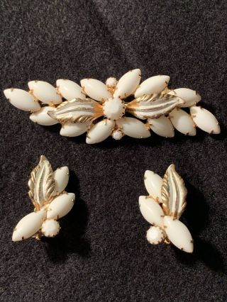 Vintage Kramer Signed Retro Costume Jewelry Brooch Pin & Earring Set/white Stone