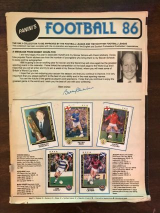 Panini Football 86 Sticker Album - 100 Complete - But No Cover Loose Pages 1986