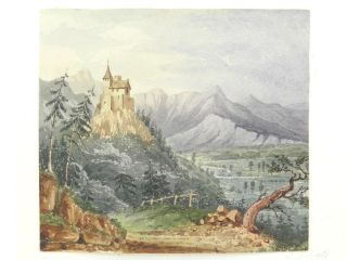 Antique 19th century Continental School watercolour painting landscape scene 2