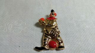Vintage Elle Red Orange Black Enameled Goldtone Metal Clown Brooch Pin