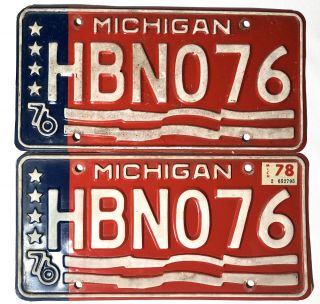 Pair 1976 Red White And Blue Michigan Bicentennial License Plates W/1978 Sticker