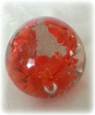 Vintage Paperweight With Orange Floral Design 2 1/4 " Tall
