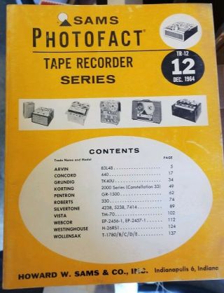 Tr - 12 Vintage Howard W.  Sams & Co.  Sams Photofact Tape Recorder Series Book