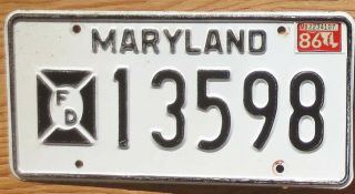 1986 Maryland License Plate Number Tag – Fire Fighter