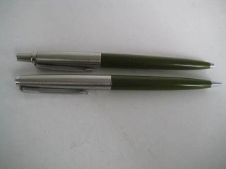 [b1] Vtg.  Parker Ue Ball Point Pen & Mechanical Pencil Set - Olive Green