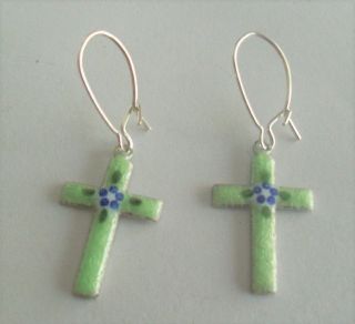 Vintage Cross Earrings Guilloche Enamel - Sterling Silver Wire - Green/blue Flower
