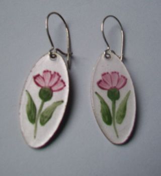 Vintage Earrings Guilloche Enamel - Sterling Silver Wire - Pink Flower - Oval