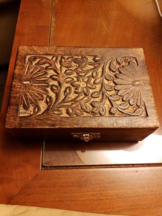 Vintage Hand Carved Wooden Box Made In India Rectangle Floral Inlay Jewelry Box.