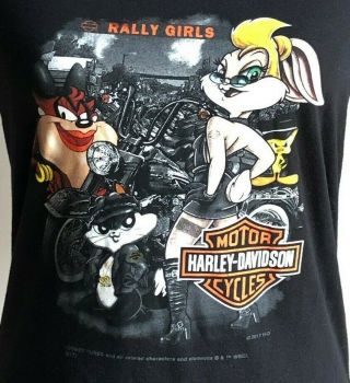 Harley Davidson Womens T - Shirt Size M Black Rally Girls V - Neck Loony Tunes