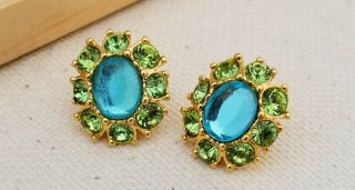 Vintage Signed Joan Rivers Green And Blue Crystal Rhinestone Oval Earrings