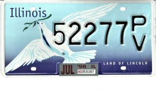 Illinois 1998 License Plate - - 52277 Pv - - Prevent Violence Dove