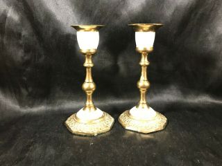 Vintage Brass Mother Of Pearl Candlesticks