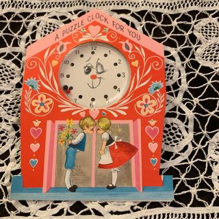 Vintage Greeting Card Valentine Puzzle Clock Face Anthropomorphic Couple