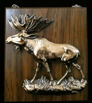 3d Moose Vintage Canada Travel Souvenir Copper Color Metal On Wood Plaque Chain