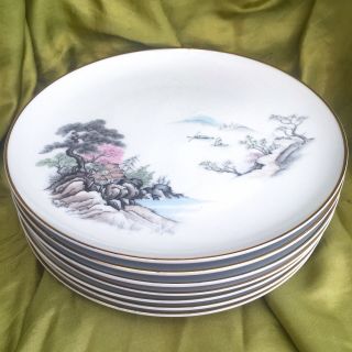 7 Pc Vintage Seizan Sansui Japan Dinner Plates Oriental Mountain Cherry Blossoms