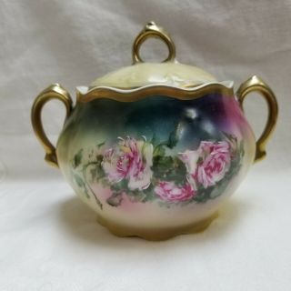 Vtg Mignon Z E & Co Sugar Bowl & Lid Roses Bavaria Porcelain Gold Trim Chipped