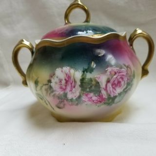 Vtg Mignon Z E & Co Sugar Bowl & Lid Roses Bavaria Porcelain Gold Trim Chipped 3