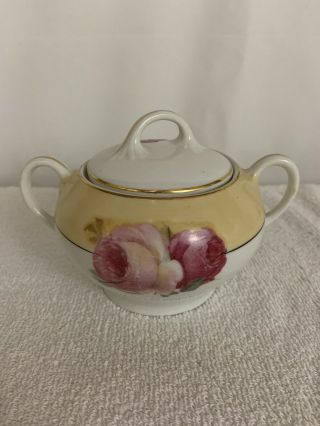 Vintage Z.  S.  &c.  Bavaria Porcelain Sugar Bowl With Lid Handles Roses Gold Trim