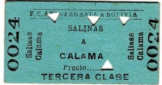 Railway Ticket: Bolivia: Salinas A Calama,  1961