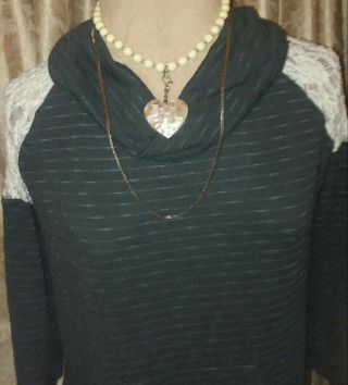 Vintage White Costume Necklace Abalone Heart Pendant Herringbone Chain Set