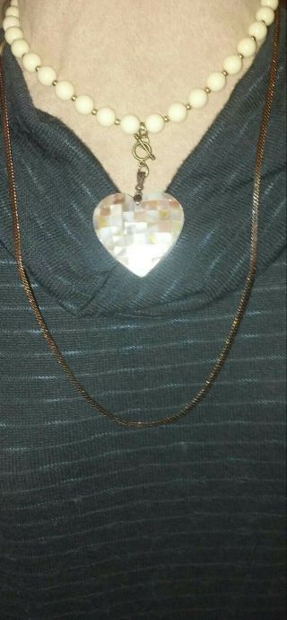 Vintage White Costume Necklace Abalone Heart Pendant Herringbone Chain Set 3