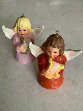 Set Of 2 Vintage Goebel 1978 Angel Bell Ornaments One Pink And One Red W/harp